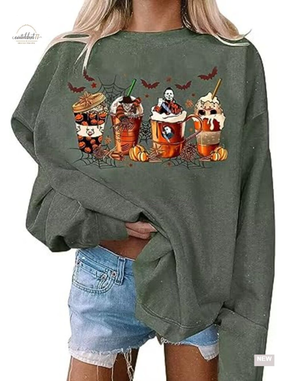 Women's Halloween Sweatshirt Horror Movie Pumpkin Coffee Graphic Crewneck